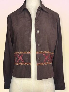 Vintage Bohemian Brown Embroidered Beaded Suede Button-Front Jacket